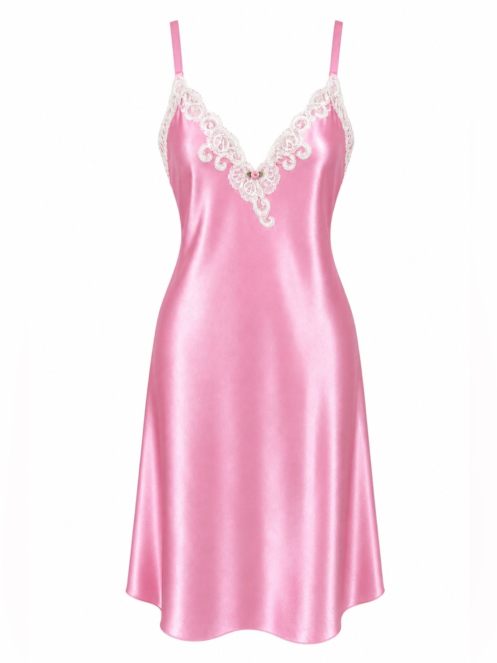 Oscar de la Renta Pink Satin Chemise with White Lace Trim XL